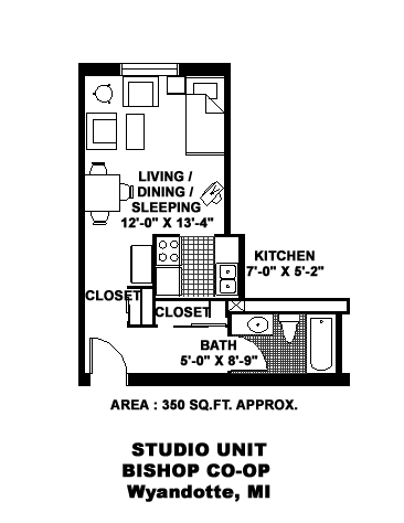 A floor plan of a studio unit in Bishop Cooper-op in Wyandotte, MI.