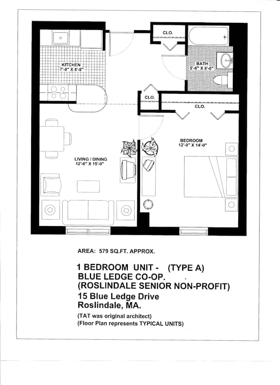 A black and white image of a floor plan for a 1 bedroom unit.