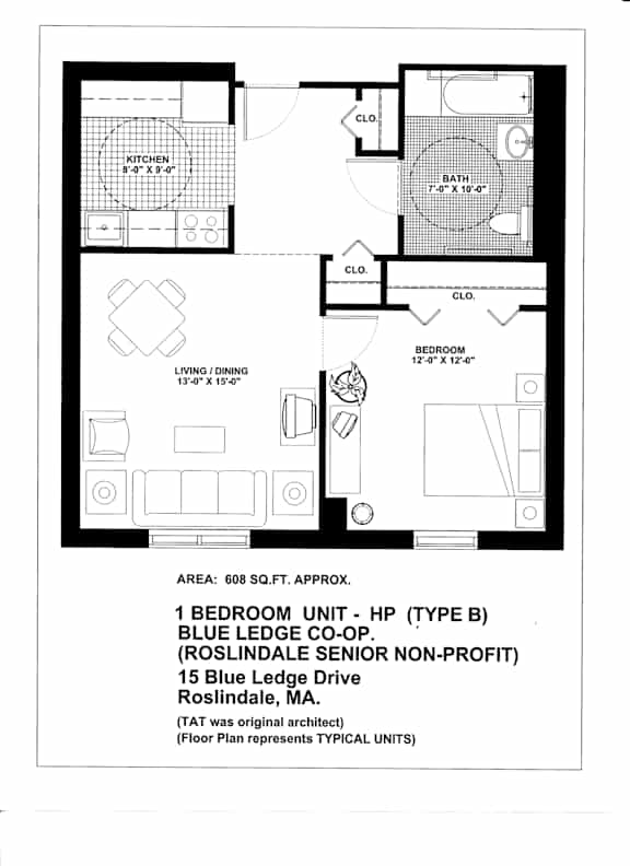 A black and white image of a floor plan for a home with one bedroom unit.