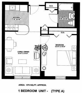 A floor plan of a 1 bedroom apartment with a living room, kitchen, and bathroom.