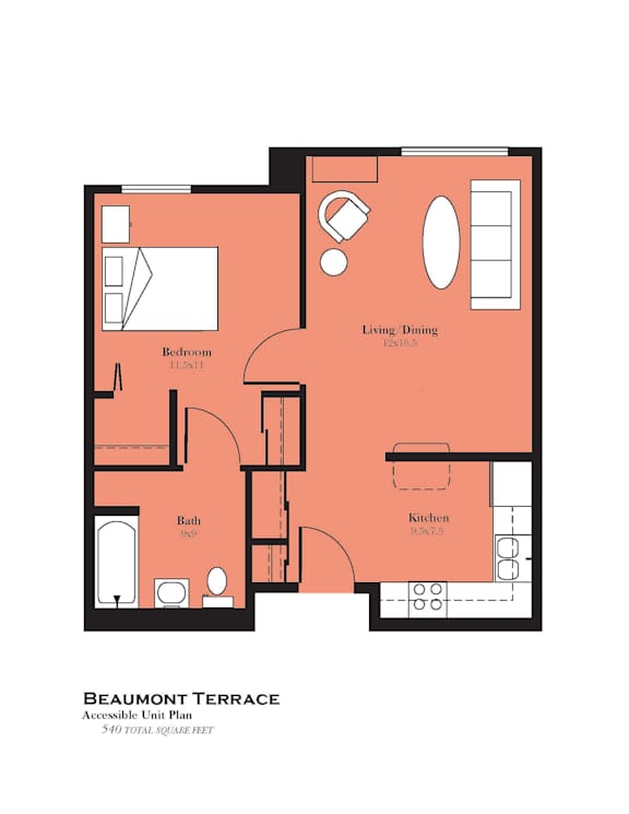A floor plan of a 540 square feet accessible living and dining unit.