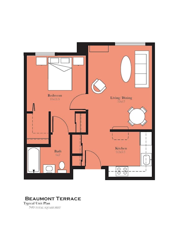 A floor plan of a typical unit in the Beaumont Terrace.