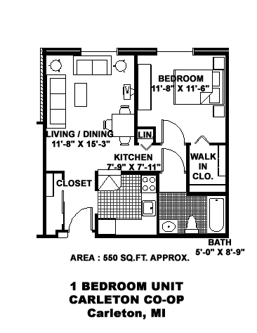 A floor plan of a 1 bedroom unit in Carleton, MI.