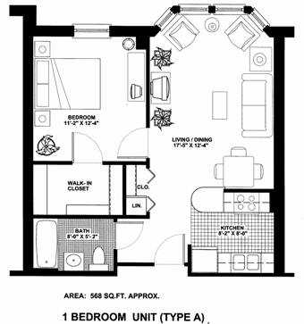 A black and white floor plan of a one bedroom apartment.