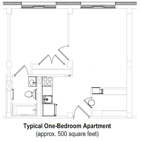 A drawing of a typical one bedroom apartment sized at approximately 500 square feet.