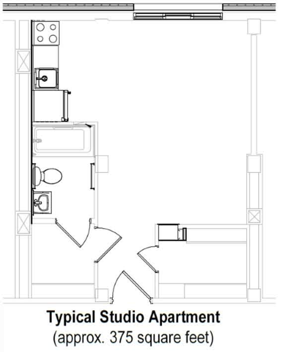 A floor plan of a typical studio apartment sized at approximately 375 square feet.