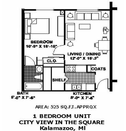 A floor plan of a one bedroom unit in the square Kalamazoo, MI.