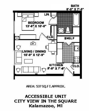 A floor plan of an accessible unit in the square in Kalamazoo, MI.