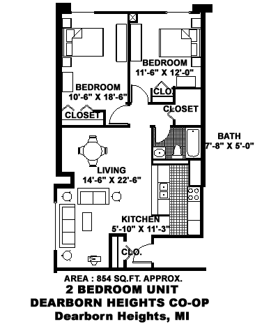 A black and white image of a floor plan for a two bedroom apartment.