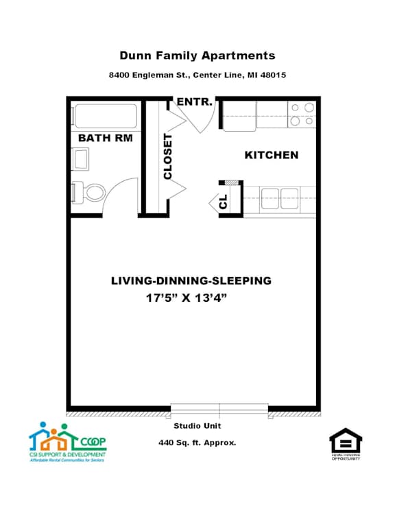 A floor plan for the Dunn Family Apartments.
