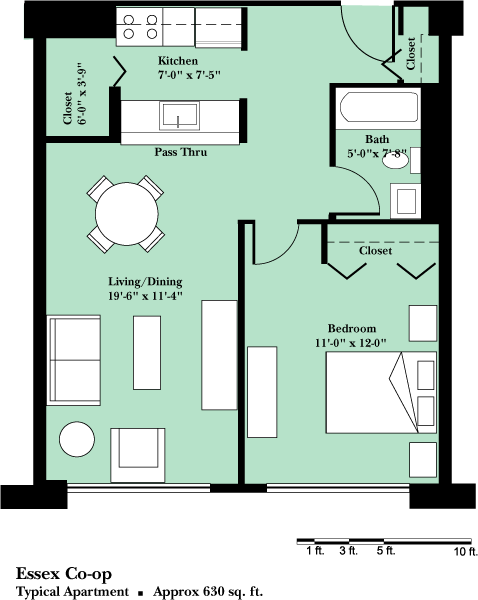 A floor plan of a small apartment layout with a kitchen, living room, dining room, bathroom, and bedroom.