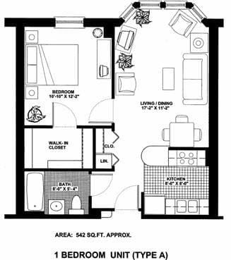 A black and white image of a 1 bedroom apartment layout.