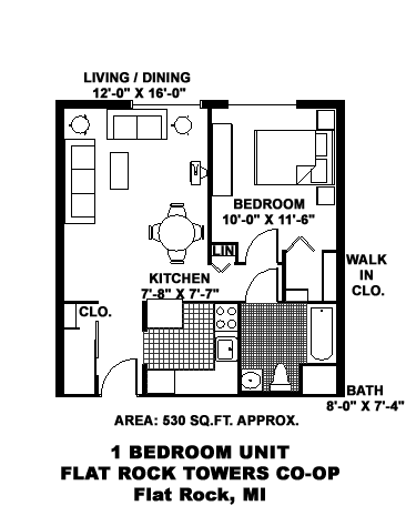 A floor plan of a one bedroom unit in Flat Rock, MI.
