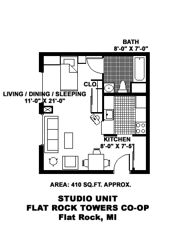A black and white image of a floor plan for a studio unit.