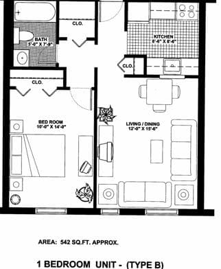 A floor plan of a 1 bedroom apartment with a living room, kitchen, and bathroom.