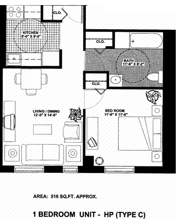 A black and white image of a floor plan for a 1 bedroom unit.