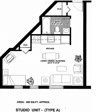 A black and white floor plan of a Studio Unit with a kitchen and bathroom.