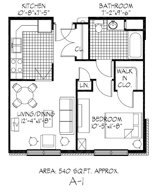 A floor plan of a small apartment with a kitchen, bathroom, living/dining area, and bedroom.