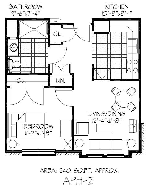 A floor plan of a small apartment with a living/dining area, kitchen, and bathroom.