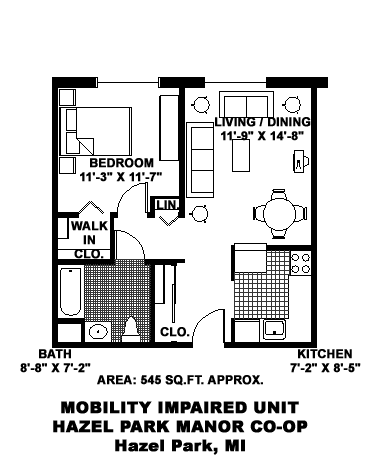 A floor plan of a mobility impaired unit at Hazel Park Manor Cooper.