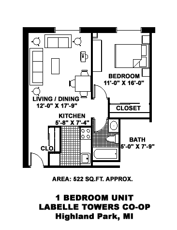 A floor plan of a 1 bedroom unit at Labelle Towers in Highland Park, MI.