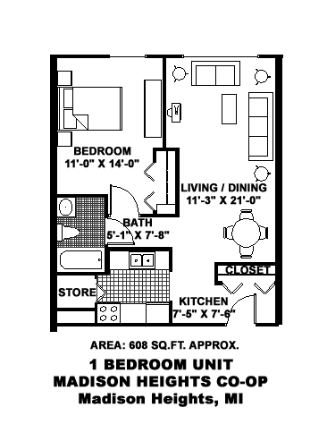 A floor plan of a one bedroom unit at Madison Heights Co-op in Madison Heights, MI.