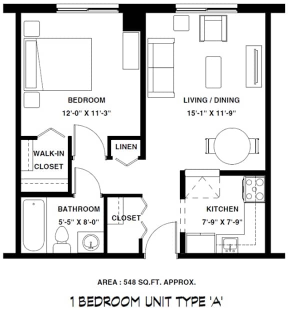A black and white image of a 1 bedroom apartment layout.