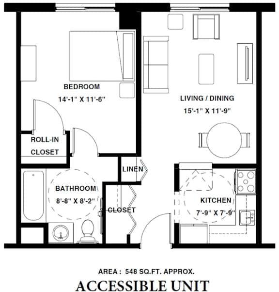 A floor plan of an accessible unit with labeled rooms and dimensions.