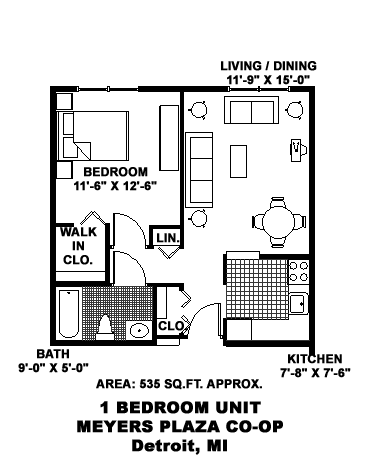 A black and white image of a floor plan for a one bedroom unit at Meyers Plaza Co-op in Detroit, MI.