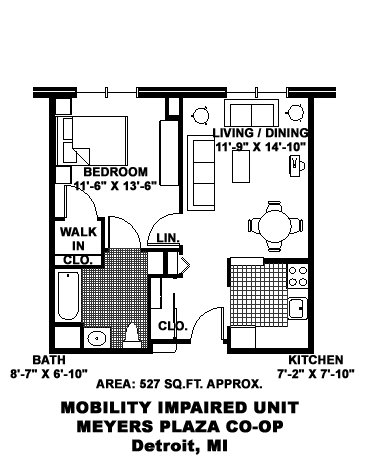 A floor plan of a mobility impaired unit at Meyers Plaza Co-op in Detroit, MI.
