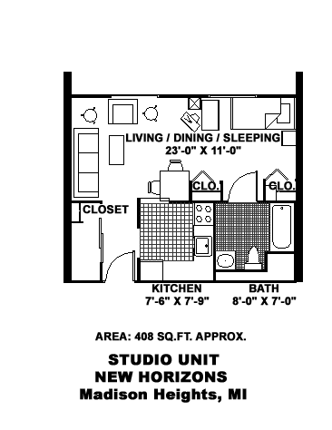 A floor plan of a studio unit at New Horizons in Madison Heights, MI.