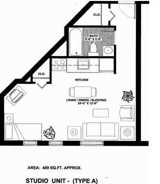 A floor plan of a studio unit with a kitchen and bathroom.