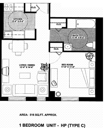A black and white image of a floor plan for a 1 bedroom unit.