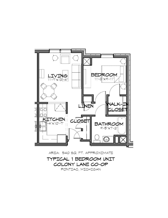 A floor plan of a typical 1 bedroom unit at Colony Lane Co-op in Pontiac, Michigan.