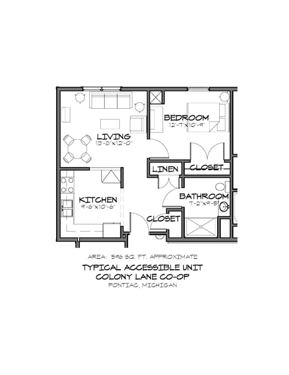 A floor plan of a typical accessible unit in the Colony Lane co-op in Pontiac, Michigan.