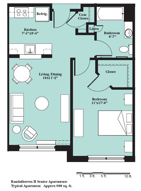 A floor plan of a typical apartment with a kitchen, living room, and bedroom.