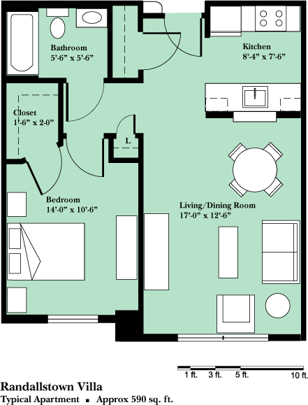 A floor plan of a Randalstown Villa with a living room, kitchen, bathroom, bedroom, and closet.