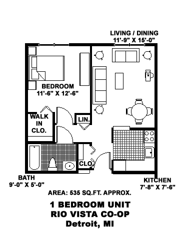 A floor plan of a one bedroom unit in a co-op in Detroit, MI.