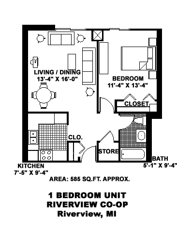 A black and white drawing of a 1 bedroom unit in Riverview, MI.