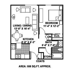 A floor plan of a small apartment with a living room, kitchen, bathroom, and bedroom.