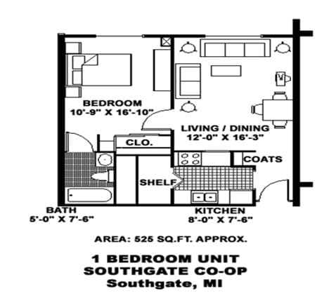 A floor plan of a one bedroom unit in Southgate, MI.