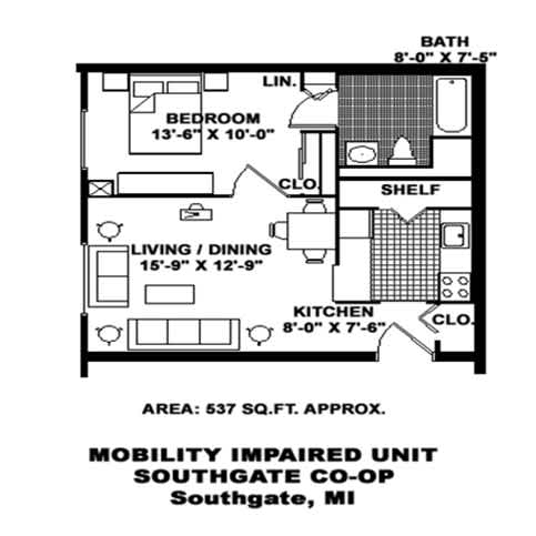 A black and white image of a floor plan for a mobility impaired unit in Southgate, MI.