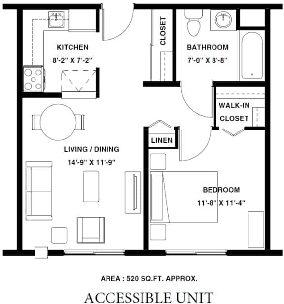 A floor plan of an accessible unit with a living/dining area, kitchen, bathroom, bedroom, and linen closet.