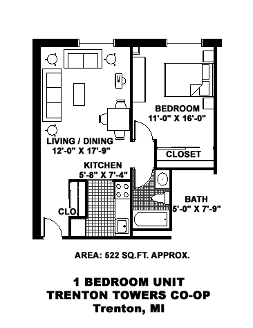 A floor plan of a 1 bedroom unit in Trenton Towers Co-op in Trenton, MI.