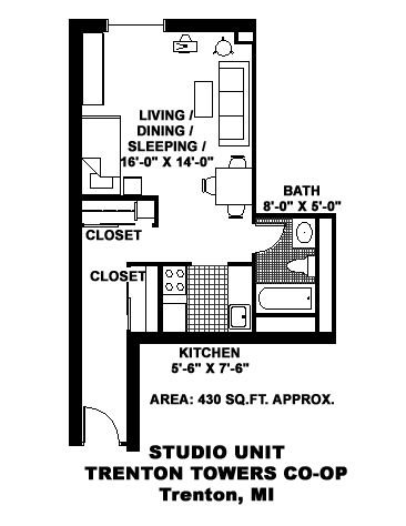 A floor plan of a studio unit with a kitchen, bath, and living area.