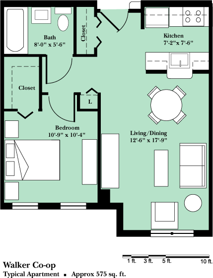A floor plan of a home with a living room, dining room, kitchen, bathroom, and bedroom.