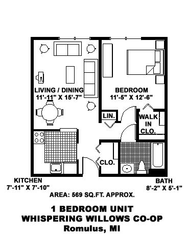 A floor plan of a one bedroom unit in Whispering Willows Co-op in Romulus, MI.