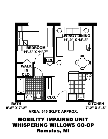 A floor plan of a mobility impaired unit with a co-op in Whispering Willows, Romulus, MI.