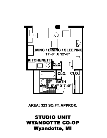 A floor plan of a studio unit in Wyandotte, MI.
