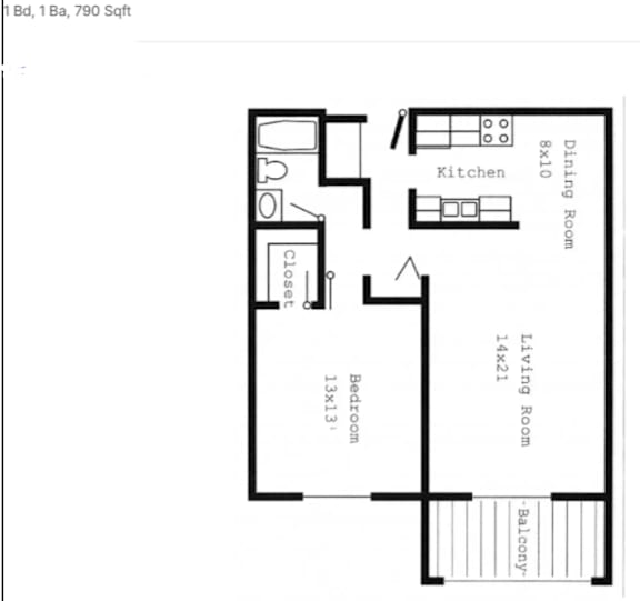 A floor plan of a one bedroom, one bathroom apartment.